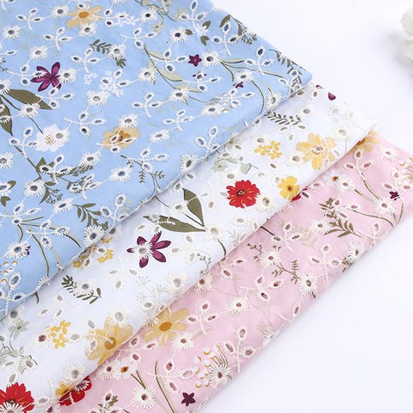 3 colors，Floral printed fabric embroidery, eyelet embroidery fabric, cotton poplin fabric, for children's clothing, dresses, tablecloths