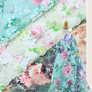 New，High quality sequin fabric,  flower sequin  lace,3D Colorful Embroidery Mesh Sequin Fabric,Prom Dress,Wedding Dress，cheongsam dress