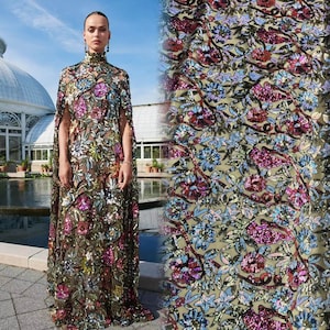 Schwere Industrie Blümen Pailletten, Tüll-Ricamato, mehrfarbige Blumenstickerei-Spitzenstoff, 3D-Blütenspitze, Kleiderhochzeitsstoff Meterware