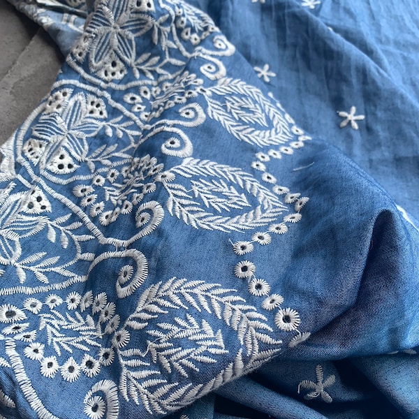 Elegant Cotton thin denim fabric，embroidery flower , Denim cotton eyelet lace  Embroidery , cutout fabric  Sold by the Yard