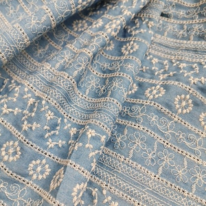 Denim  eyelet lace  Embroidery ,Cotton  denim fabric，embroidery flower , cutout fabric  Sold by the meter