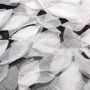 Puede incluir: Primer plano de numerosas piezas de tela blancas en forma de hoja. Las hojas tienen un aspecto texturizado, ligeramente translúcido y están dispersas sobre una superficie oscura. Los bordes de las hojas son festoneados.