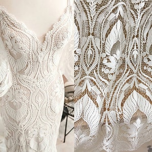 White Guipure Lace Fabric   Flower Embroidery Hollowed Trimmings Materials for Costume Wedding Evening Dress 53 inch Width