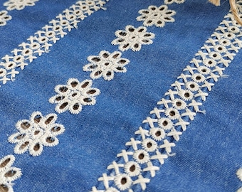 Cotton  denim fabric，Denim  eyelet lace  Embroidery ,3D embroidery flower ,  handmade clothing/home decor Sold by the meter