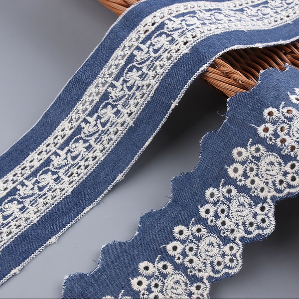 Bleu denim, bordure en dentelle de coton denim, bordure de broderie de fleurs, fournitures pour travaux manuels de couture, bordure festonnée à oeillets, vendu par mètre