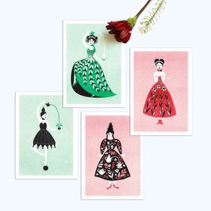 Tea Lady SET - 4 cartes doubles avec enveloppe, impression Riso