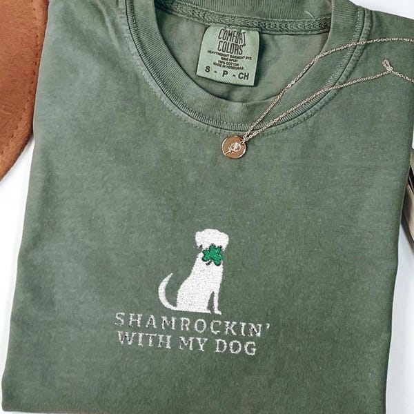 Funny St Patricks Day Dog Shirt, Shamrock Dog Tee, Embroidered Comfort Colors Shirt, Dog Mom Gift
