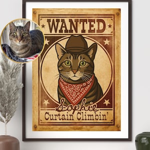 Cartaz personalizado de "Procura-se animal de estimação", retrato de animal de estimação do oeste americano, arte digital engraçada de gato ou cachorro, impressão personalizada de cowboy, decoração de parede de animal de estimação fora da lei