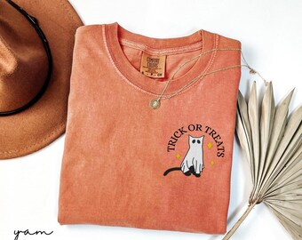 Camisa bordada de Halloween, gato de colores cómodos para pedir dulces, camiseta bordada de otoño, linda camiseta de gato fantasma, camiseta de Halloween de gato negro