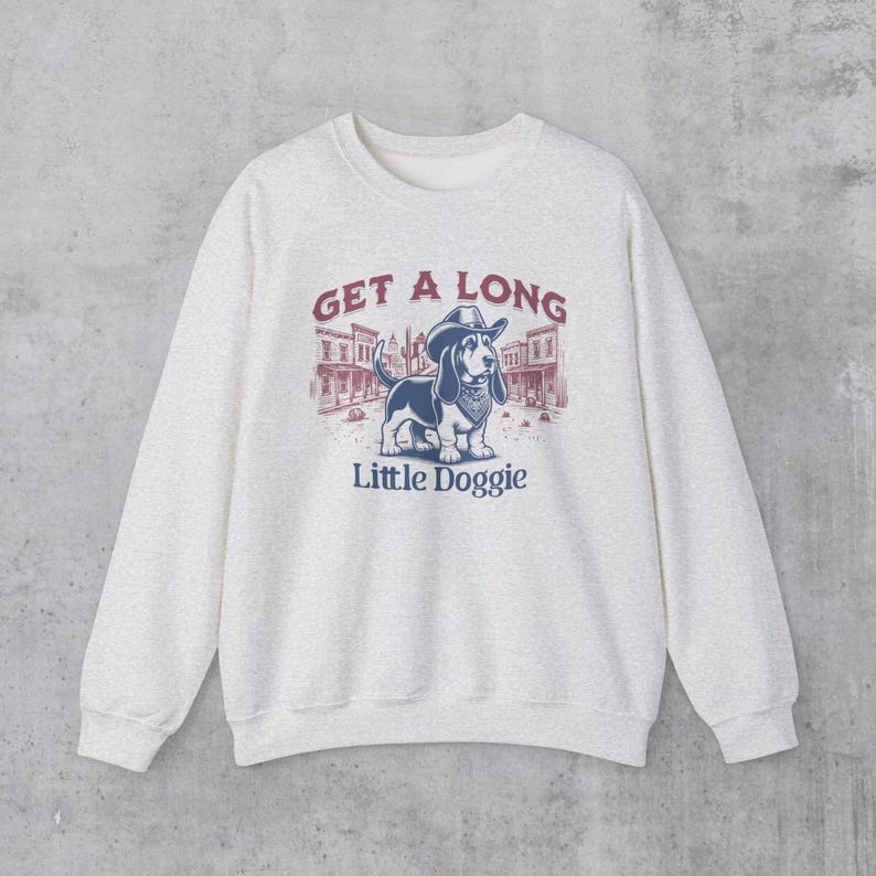 Basset hound Sweatshirt, Basset Hound Gifts, Western aesthetic Basset Hound Sweatshirt, Cowboy Dog Crewneck, Get A Long Little Doggie Ash