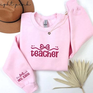 Embroidered Teacher Sweatshirt, Personalized Crewneck with Bow Design, Custom Teacher Gift, Name on Sleeve, Coquette teacher crewneck