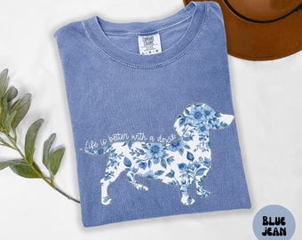 Comfort Colors® Dachshund Sweatshirt, Blue Flower T-Shirt, Mothers Day Gift, Cute Dog Mom Shirt, Toile sweatshirt, Chinoiserie Shirt