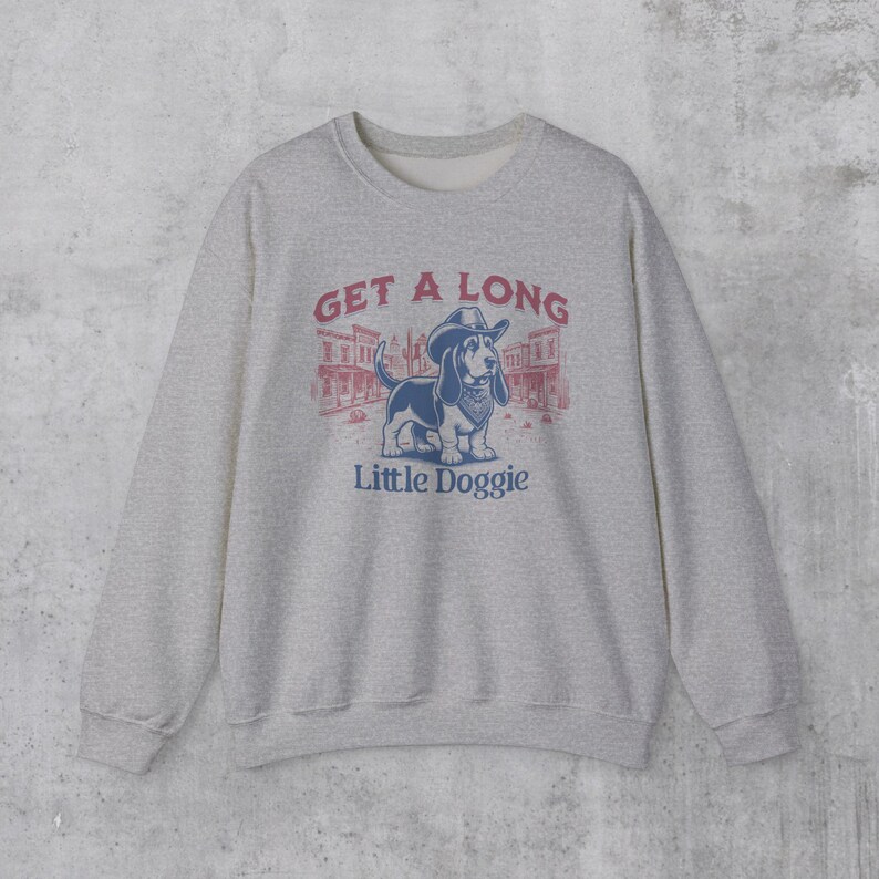 Basset hound Sweatshirt, Basset Hound Gifts, Western aesthetic Basset Hound Sweatshirt, Cowboy Dog Crewneck, Get A Long Little Doggie Sport Grey