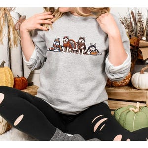 Sudadera con diseño de husky siberiano para Acción de Gracias, sudadera con cuello redondo con diseño de perro otoñal, sudadera navideña con diseño de pastel de calabaza, jersey de fútbol con diseño de pavo