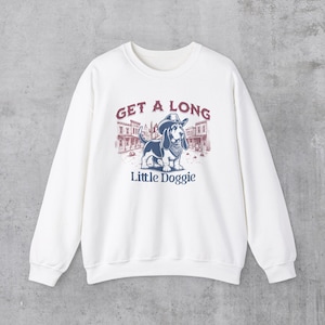 Basset hound Sweatshirt, Basset Hound Gifts, Western aesthetic Basset Hound Sweatshirt, Cowboy Dog Crewneck, Get A Long Little Doggie White