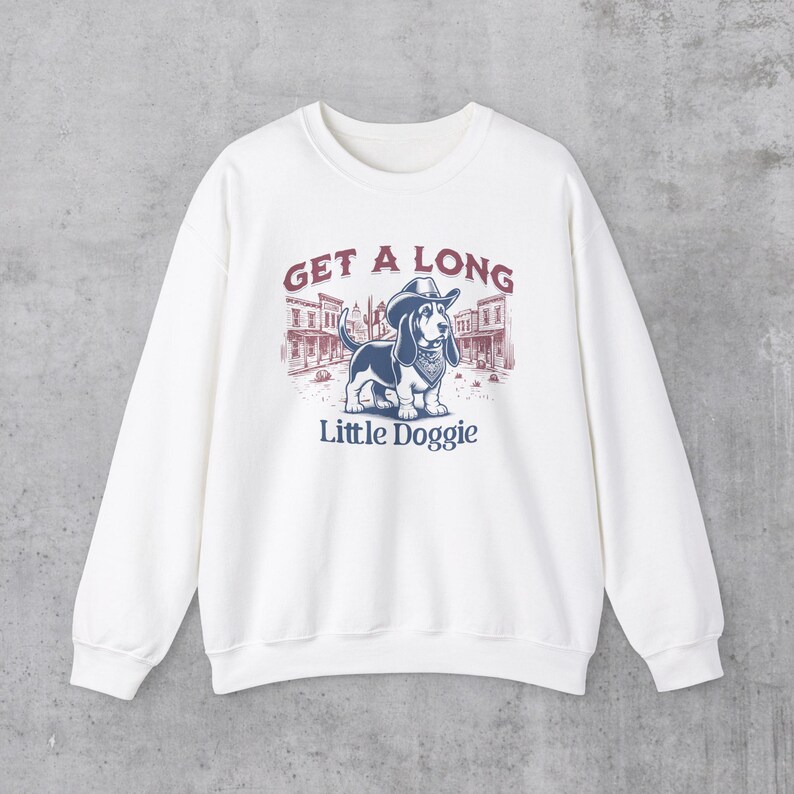 Basset hound Sweatshirt, Basset Hound Gifts, Western aesthetic Basset Hound Sweatshirt, Cowboy Dog Crewneck, Get A Long Little Doggie White
