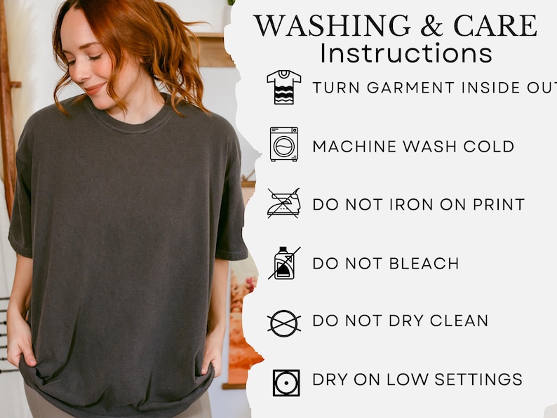 May include: A dark grey t-shirt with short sleeves. The image includes washing and care instructions: turn garment inside out, machine wash cold, do not iron on print, do not bleach, do not dry clean, and dry on low settings.