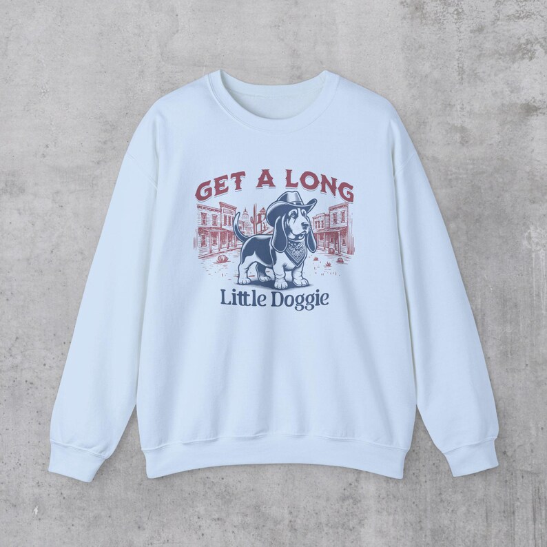 Basset hound Sweatshirt, Basset Hound Gifts, Western aesthetic Basset Hound Sweatshirt, Cowboy Dog Crewneck, Get A Long Little Doggie Light Blue