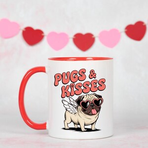 Dog Valentine&#39;s Day Coffee Mug, Pug gifts, Retro valentine, Pugs & Kisses funny mug, 11, 15oz, Hot Cocoa Mug, Gift for Dog mom