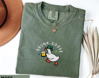 Embroidered Drunk Goose Shirt, St Patricks Day Goose Tee, Funny Goose Comfort Colors Shirt, Irish Goose Graphic Tee