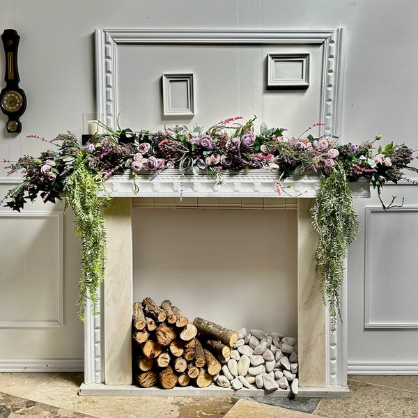 Guirlande de fleurs artificielles en faux feutre, décoration de guirlande de cheminée violet lilas, longue table d'arrangement floral artificiel pour cheminée