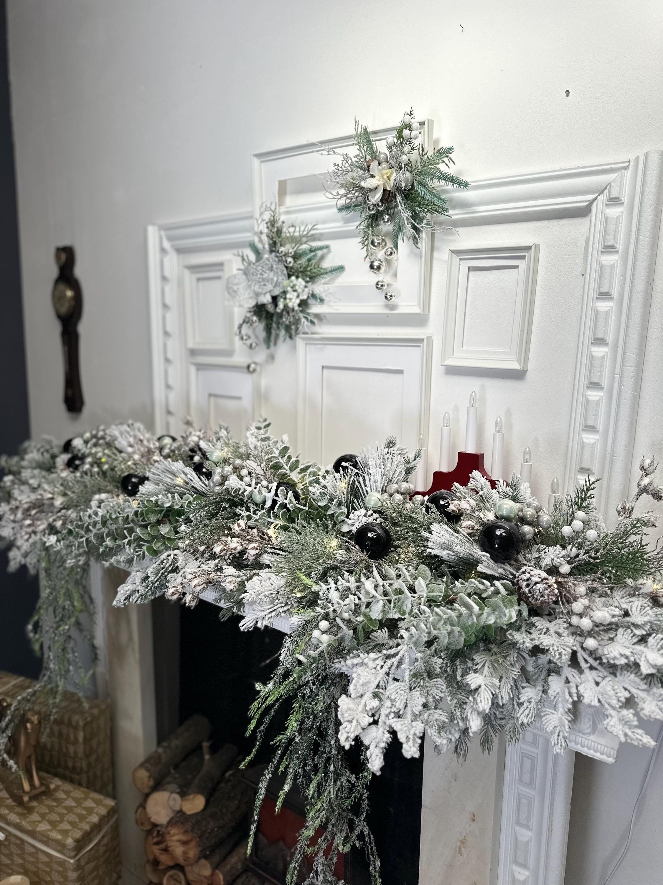 White Fireplace Garland, Long Christmas Garland Grey, Christmas Garland for  Fireplace Large, Garland for Mantel Black Bauble Xmas Long Decor - Etsy, image size:2250x3000