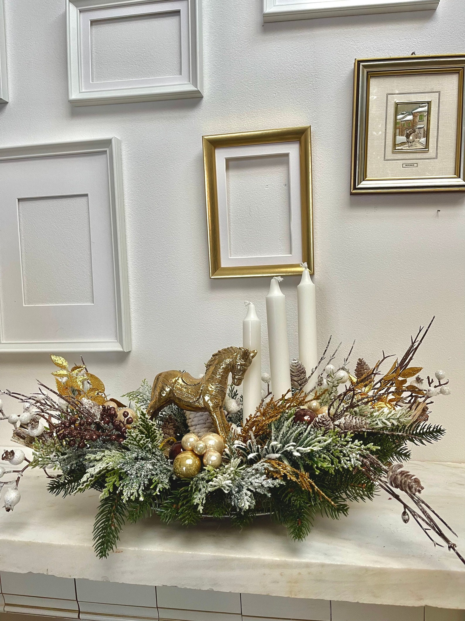 Gold Christmas Table Centerpiece Long, Xmas Flower Arrangement Dining