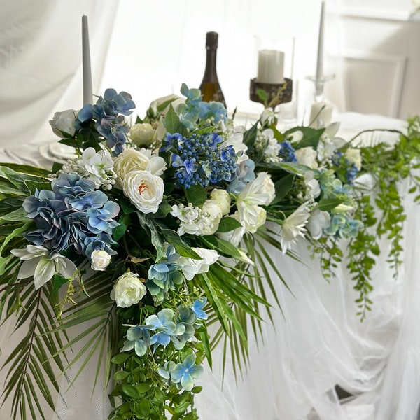 Wedding flowers garland table centerpiece, Artificial flower fireplace garland, Blue hydrangea floral mantel decor