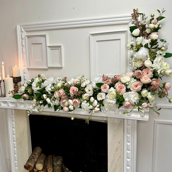Longue pièce maîtresse de table florale de mariage, grandes fausses fleurs toute l'année à feuilles persistantes guirlande de manteau de cheminée Guirlande de roses beige rose poudré pour cheminée