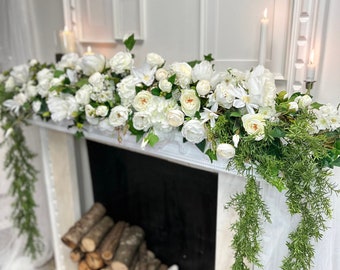 Spring summer fireplace long green garland Flower roses beige white daisies for mantel floral centerpiece wedding decor home mantelpiece