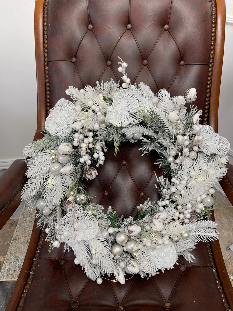 White Christmas Wreath With Led Lights Artificial Wreath Etsy