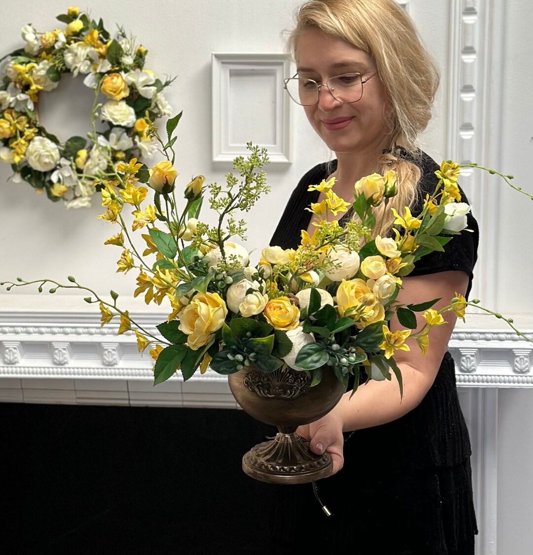 Fake Yellow Flower Arrangement in Antique Bronze Vase All Etsy