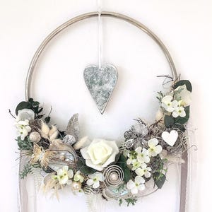 Door wreath/window wreath approx. 38 cm silver hoop summer autumn year-round wedding artificial durable handmade &quot;Silver Heart&quot;