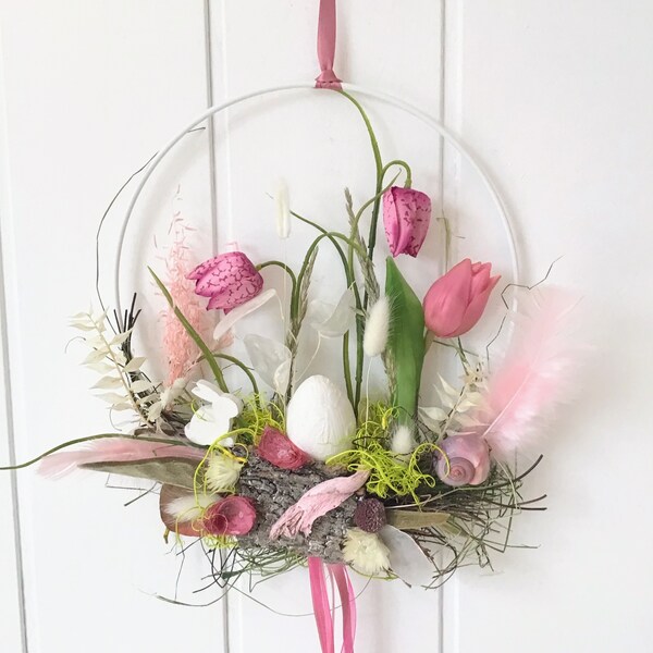 Door / window wreath spring Easter decoration durable handmade on a white decorative, width total approx. 25 cm "goose flower"