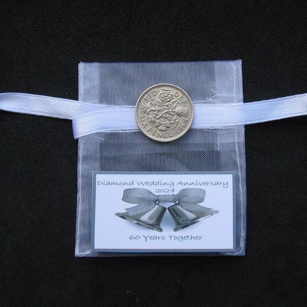 60th Diamond Wedding Anniversary Gift In 2024 1964 Sixpence In White Gift Bag Bells Design