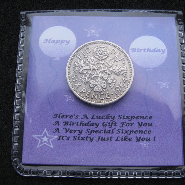 60th Birthday Gift 1964 Birth Year Sixpence Coin Optional Gift Bag Balloons Stars Design