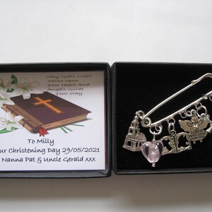 Christening Gift Set - Sixpence, Angel & Cross Pin, Presented In Box With Card (Pink, For Girls)