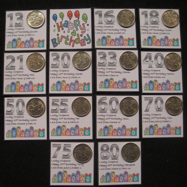 Personalised Lucky Birthday Card Sixpence Gift  13,16,18,21,30,35,40,50,55,60, 70,80 Any Age