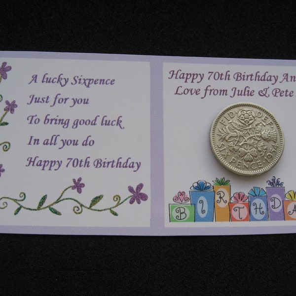 70th Birthday Gift 1954 Birth Year Sixpence Coin Optional Gift Bag Personalised