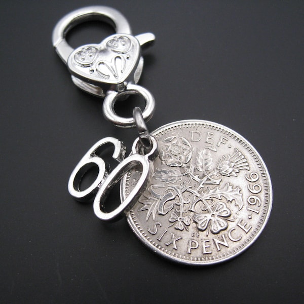 60th Birthday Gift 1966 'Lucky' Sixpence Coin On Heart Clasp With '60' Charm & Optional Gift Box