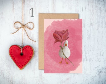 Cute ducks illustrated Valentine's Day card with hand-glittered embellishments, Hearts and flowers cards, Luxury cute animal card collection