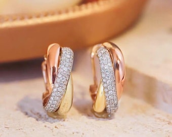 18K Tricolor Gold Earrings With Diamonds or Without Gift Worthy Earrings Three Tone Jewelry