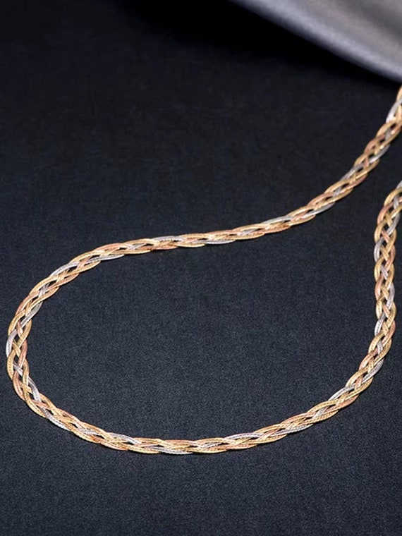 18K Tricolor Gold Braided Necklace K18 White Rose Three Tone