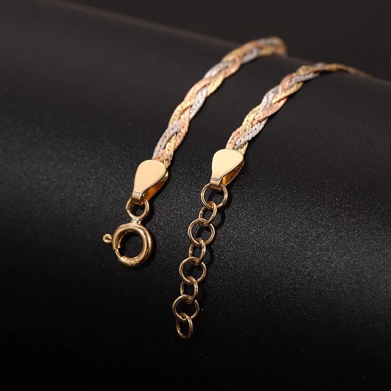 18K Tricolor Gold Braided Bracelet: Yellow, Rose, White Three Tone