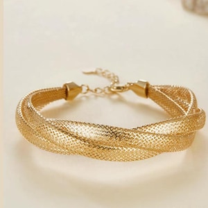18K Gold Triple Braided Style Bracelet K18 Gold Chunky Cushion Wrap Weave Bracelet