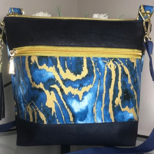 Navy Blue Cork Crossbody Bag: Cotton Sling Bag, Vegan Leather - Koda Enlarged