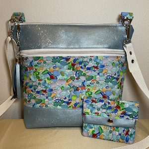 Pearl Blue Cork Crossbody Bag with Matching Wallet: Vegan Leather Sling Purse