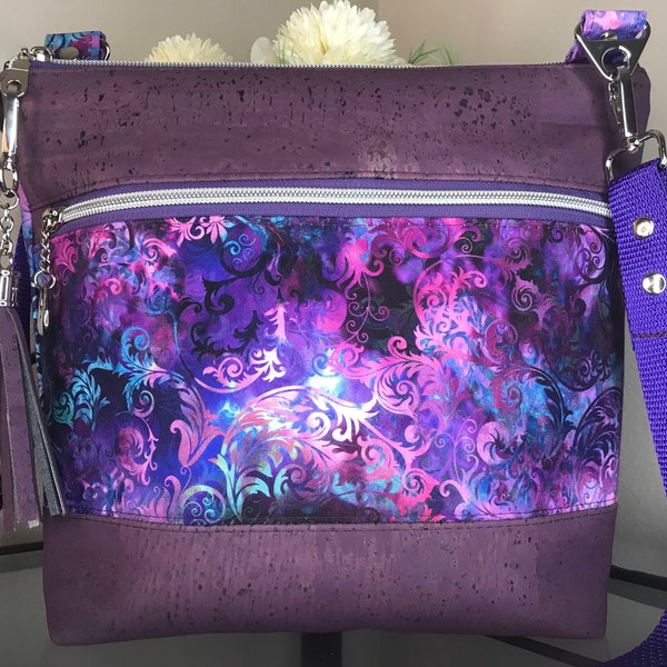 Purple Cork Vegan Leather & Cotton Koda Crossbody Bag Sling Bag Enlarged Version Jason Yenter Cork Crossbody Bag FREE RFID CC Sleeve