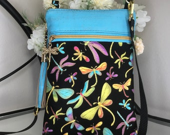 Turquoise Cork and Cotton Cell Phone Bag Crossbody Bag Sling bag Cork Crossbody Bag Purse Cell Mate Enlarged Version Dragonflies