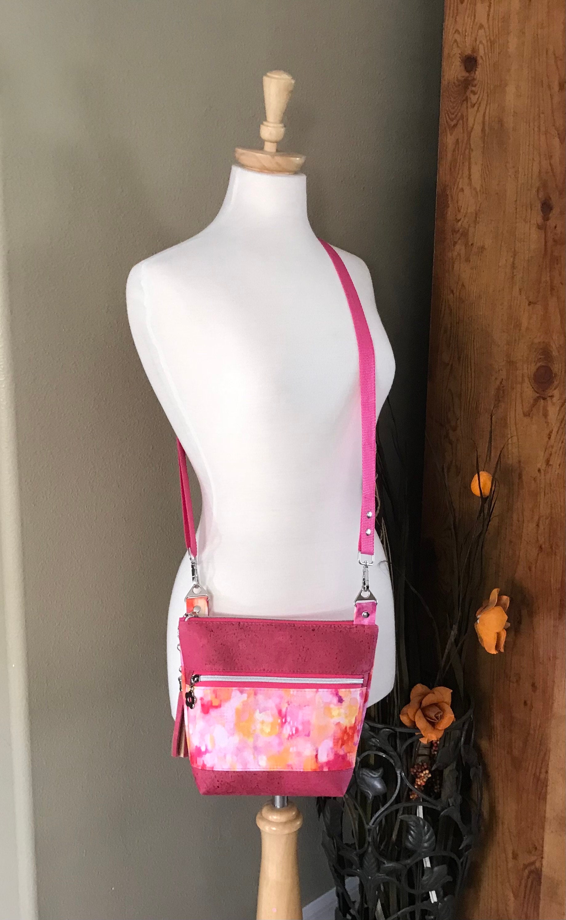 Pink Cork & Cotton Crossbody Bag Sling Bag Cork Crossbody Bag Vegan